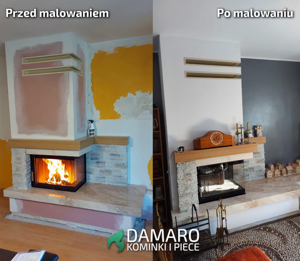 przed malowaniem i po malowaniu nowej obudowy kominka