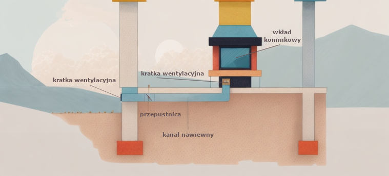 Schemat prowadzenia przewodu wentylacyjnego doprowadzającego powietrze do kominka